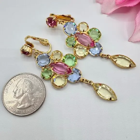Vintage Austrian Crystal Clip On Earrings Pastel Ethereal Spring Fairycore Long - Picture 13 of 16